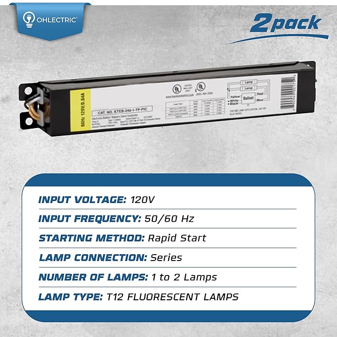 OHLECTRIC Replacement for Keystone KTEB-240-1-TP-PIC 2 Lamp T12 Electronic Fluorescent Ballast | 120V Input with Instant Start Operation | 0.85 Ballast Factor, UL-Approved