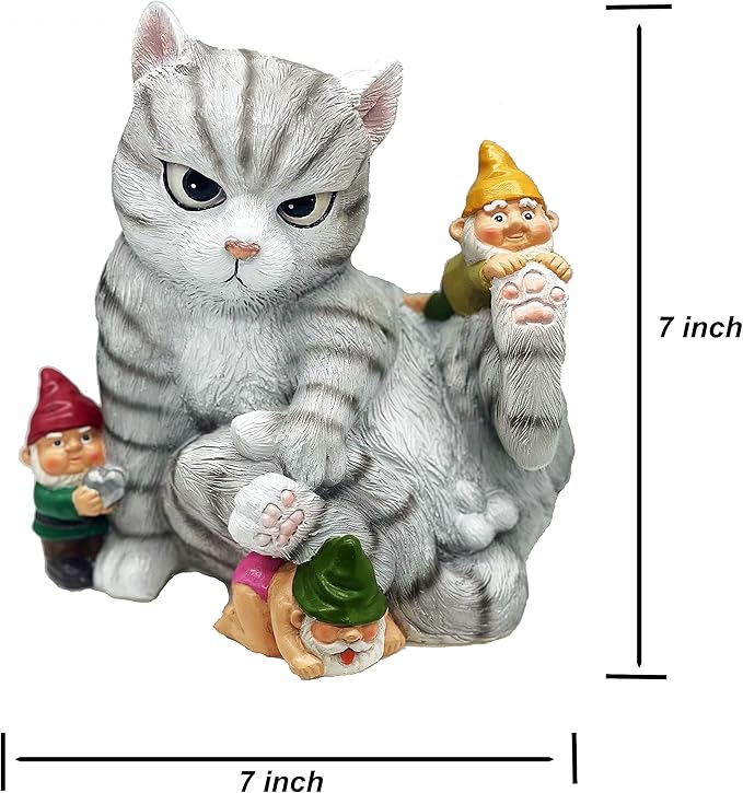 Add a Playful Touch to Your Garden with Our Cat and Gnomes Garden Statue - Perfect for Cat Lovers and Garden Enthusiasts - 8.5 Inces