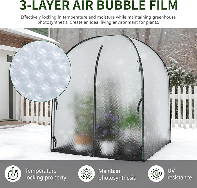 SUNYRISY Greenhouse for Outdoors with Waterproof Pad, Thick Bubble Film Cover Portable Small Mini Green House Kit for Outside, Walk in Zippered Door Grow Tent Plant Cover, 59" L x 59" W x 75" H