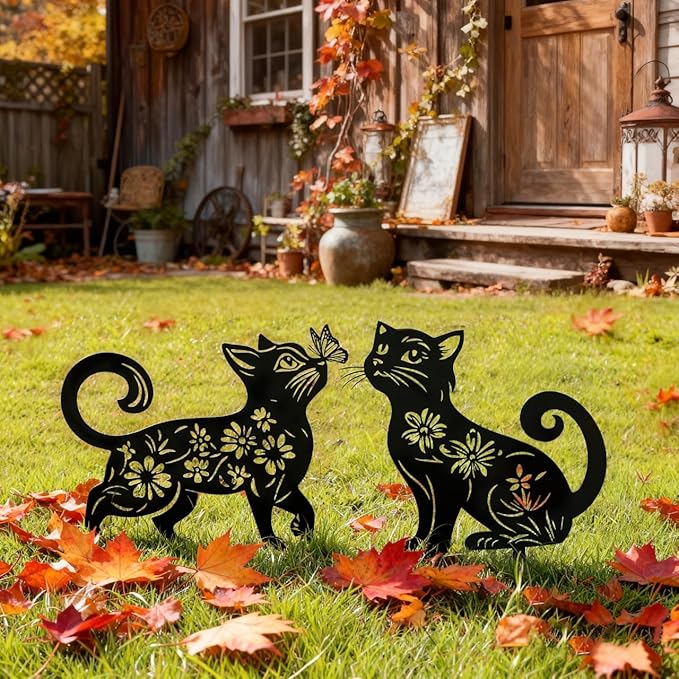 Metal Cat Garden Decor for Outside (2 Pack), 14" Yard Art Stakes,Unique Gift for Kitty Lovers, Outdoor Lawn Statues and Weather Resistant Yard Art