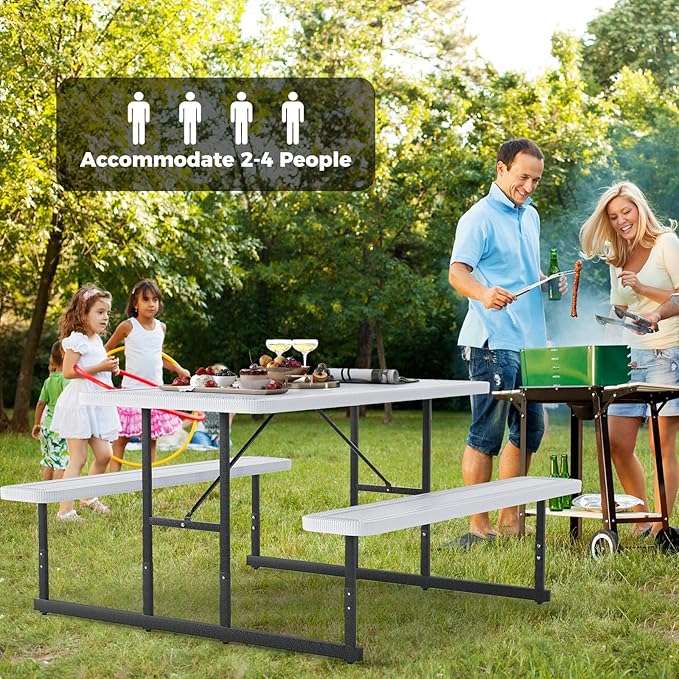 Giantex Picnic Table Bench Set for 4 People, 4.5FT Outdoor Rectangular Dining Table & 2 Benches w/Umbrella Hole, HDPE Tabletop, Metal Frame, Patio Garden Backyard Poolside (4.5FT,Non-Foldable,White)