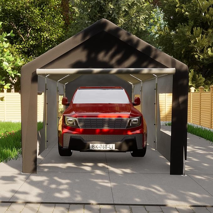 10'x20' Heavy Duty Carport, Garage Car Canopy, with Roll-up Ventilated Windows, Car Shelter w/Side Tarps for Car, Truck, Boat,Gray