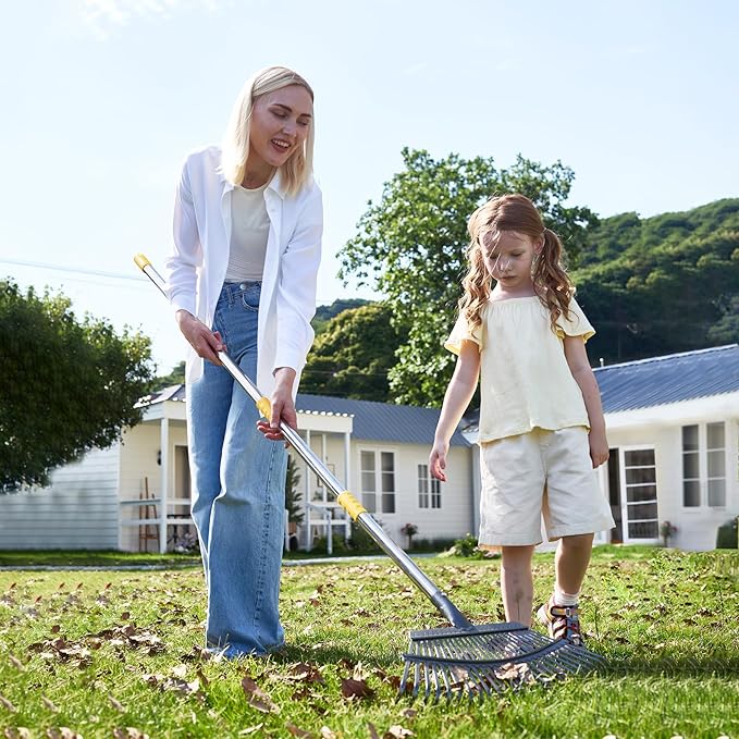 Yocada 19.3" Garden Leaf Rake Wide Heavy Duty Adjustable Long Handle Garden Rake for Yard Garden Lawn Leaves (25 Tines)