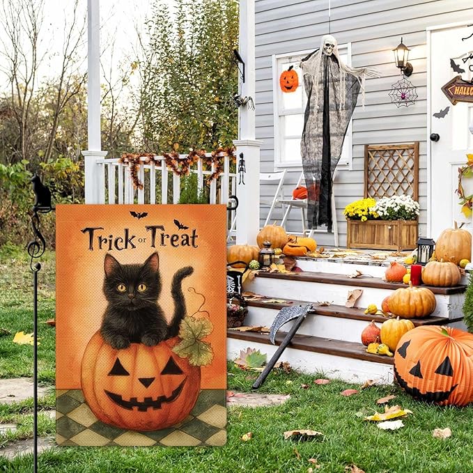 Trick or Treat Garden Flag Halloween Cute Black Cat Small Flag for Outside Pumpkin Bat Burlap Double Sided Welcome Yard Lawn Decor 12.5x18"