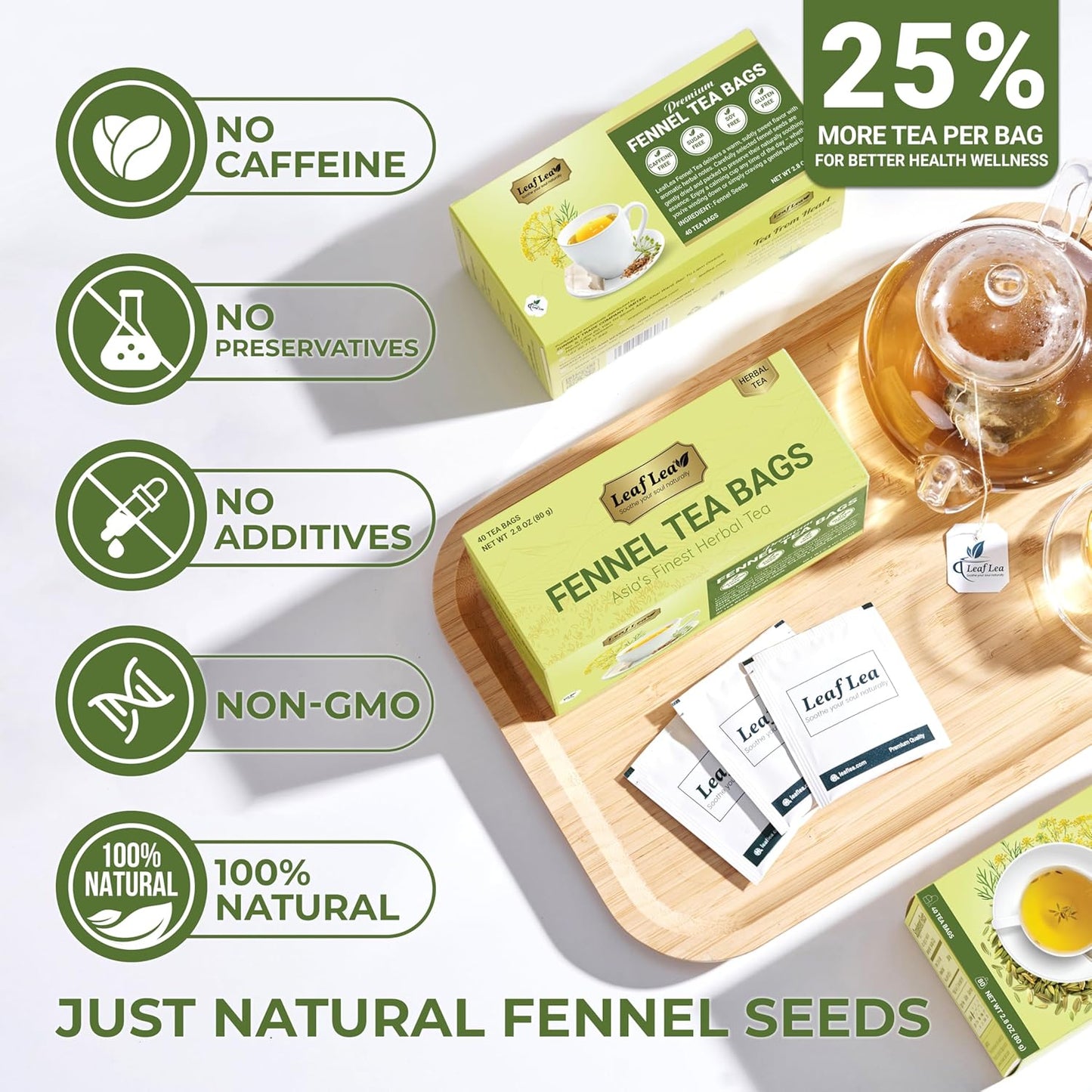 LeafLea 40 Fennel Tea Bags, 100% Natural & Pure Fennel Seed Tea, Gentle Digestion & Fresh Breath, Mild Sweet Finish, Caffeine-Free, Sugar-Free, Vegan, Non-GMO, Individually Wrapped