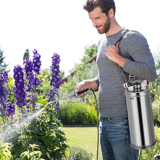 2Gal Stainless Steel Pump Up Sprayer Reinforced Hose, Hand Pump Sprayer with Pressure Gauge&Safety Valve, Adjustable Nozzle Suitable for Gardening (2 Gallon)