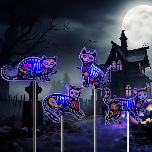 Retisee 4 Pack Halloween Black Cat Solar Lights Outdoors Solar Cat Lamp Yard Decorations Halloween Party Favors Waterproof Lights for Pathway Lawn Porch Warm White LED