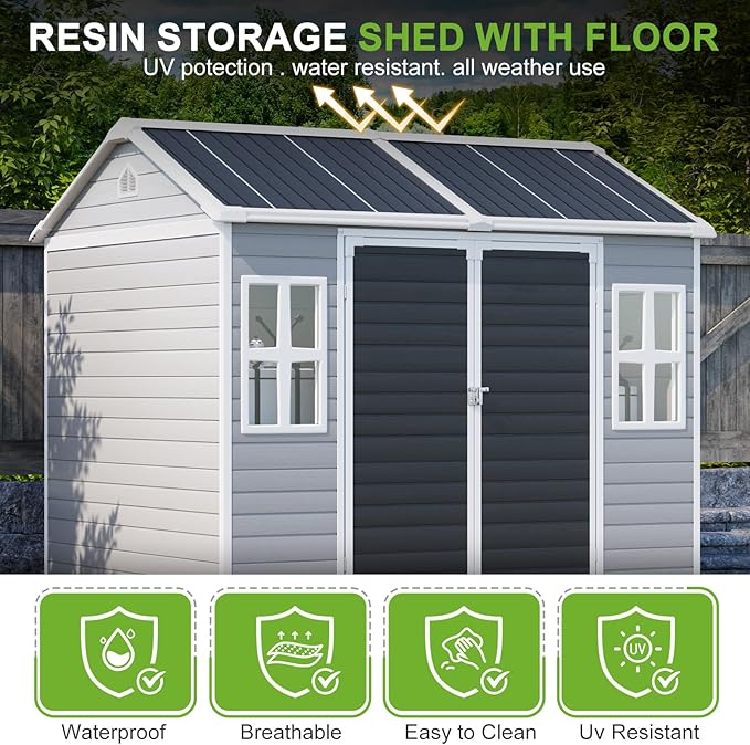 8x6 Shed Plastic Outdoor Storage with Floor Included, Waterproof Lockable Garden Shed Resin Tool Shed Cabinet