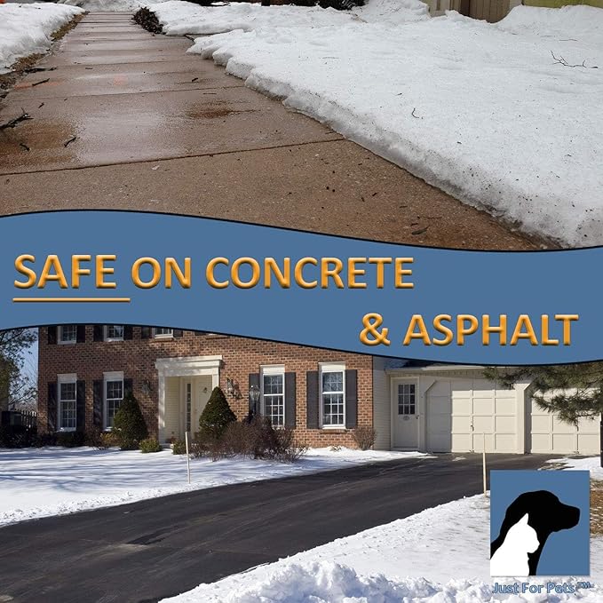 JUST FOR PETS Snow & Ice Melter Safe for Pets & Paws Contains No Toxic Chlorides or Painful to The Paw Rock Salt, Safe for Dogs & Cats. Fast Acting, Works On Contact 36 x 35lbs Buckets Pallet