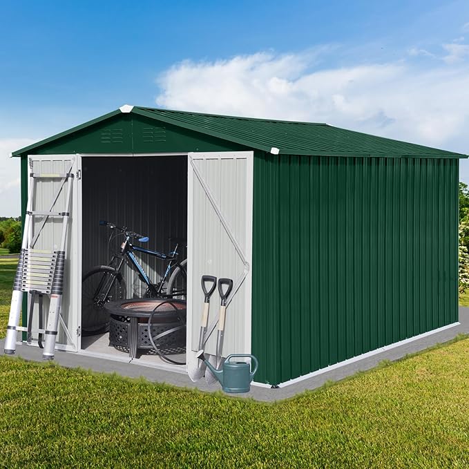 8x10FT Heavy-Duty Metal Storage Shed with Apex Roof, Outdoor Garden Shed with Hinged Door, Steel Vents & Free Padlock, Weatherproof Tool Shed for Backyard, Lawn Equipment & Bike Storage