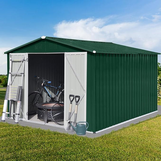 8x10FT Heavy-Duty Metal Storage Shed with Apex Roof, Outdoor Garden Shed with Hinged Door, Steel Vents & Free Padlock, Weatherproof Tool Shed for Backyard, Lawn Equipment & Bike Storage