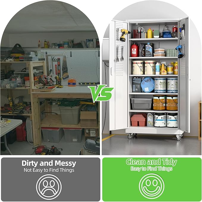 Rolling Tool Storage Cabinet with 5 Adjustable Shelves and Pegboard,Metal Garage Storage Cabinet with Wheels for Garage Home Office Utility Room,Required Assembly, 71" H×32" W×16" D,White