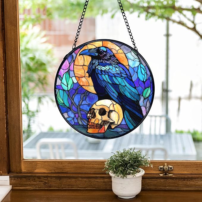 TNUW Black Raven Halloween Stained Glass Window Hanging, Gothic Skull Black Crow Sun Catchers Indoor Window Glass Round Wall Art Decor, Halloween Wall Hanging Decorations, 7.9＂x7.9＂