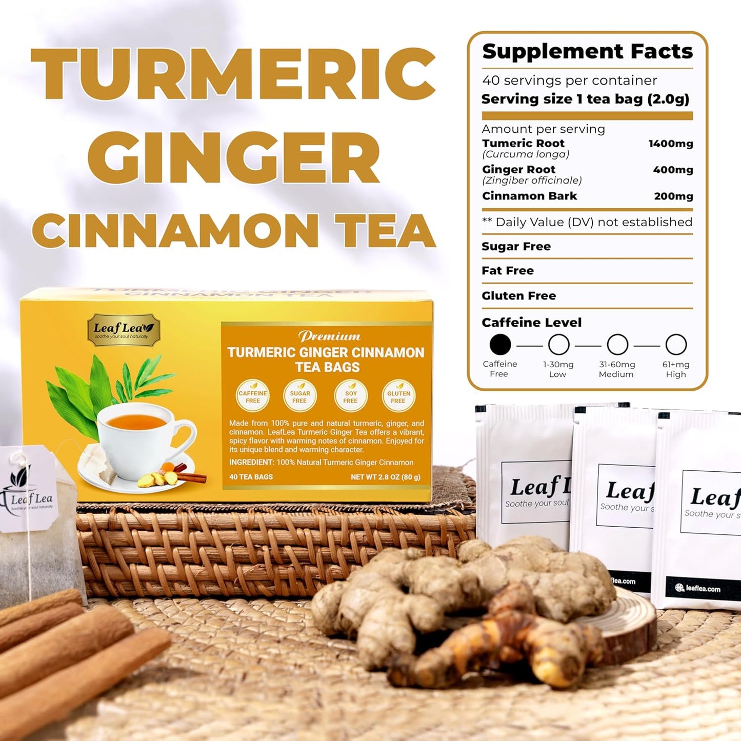 LeafLea 40 Turmeric Ginger Cinnamon Tea Bags, 100% Natural Ingredients Herbal Tea, Turmeric Ginger Herbal Blend for Wellness, Vegan, No Sugar, Caffeine-Free, Individually Wrapped for Freshness