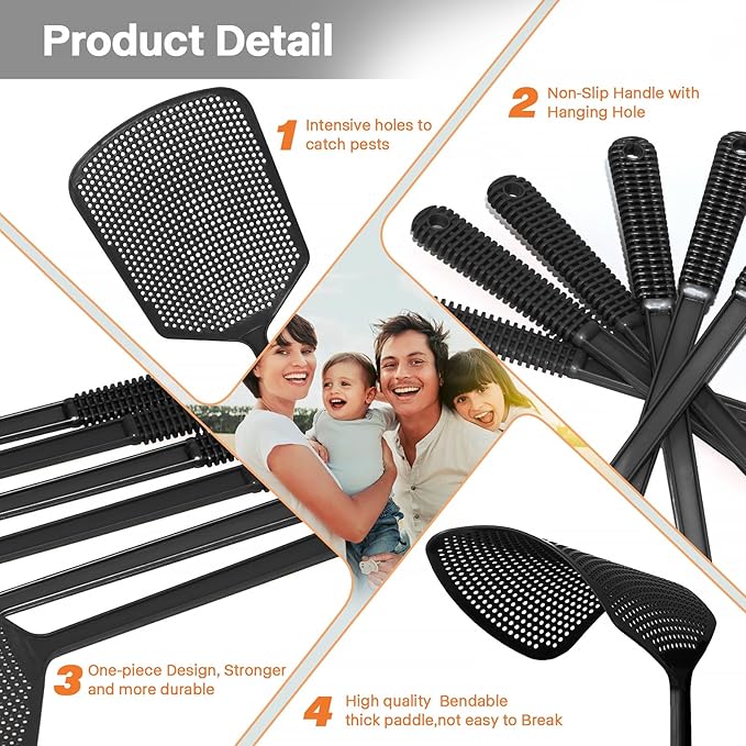 Fly Swatters-Begonia Flexible Heavy Duty Thick Fly Swatters with Bigger Paddle, Black 6 Pack