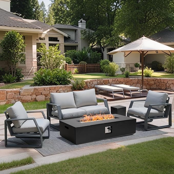 3-Piece Outdoor Propane Fire Pit Table Set – Premium Marble-Like MgO Finish, 56-Inch Gas Fire Table with Tank Table & Glass Wind Guard for Patio, Garden & Backyard, Includes Rain Cover & Glass Beads