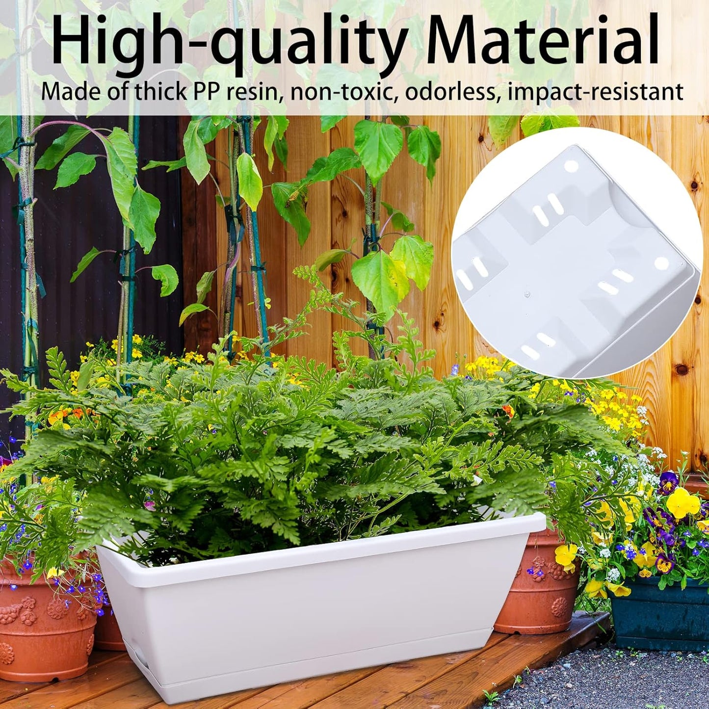 Window Box Planter, 7 Pack Plastic Vegetable Flower Planters Boxes 17 Inches Rectangular Flower Pots with Saucers for Indoor Outdoor Garden, Patio, Home Decor (White)