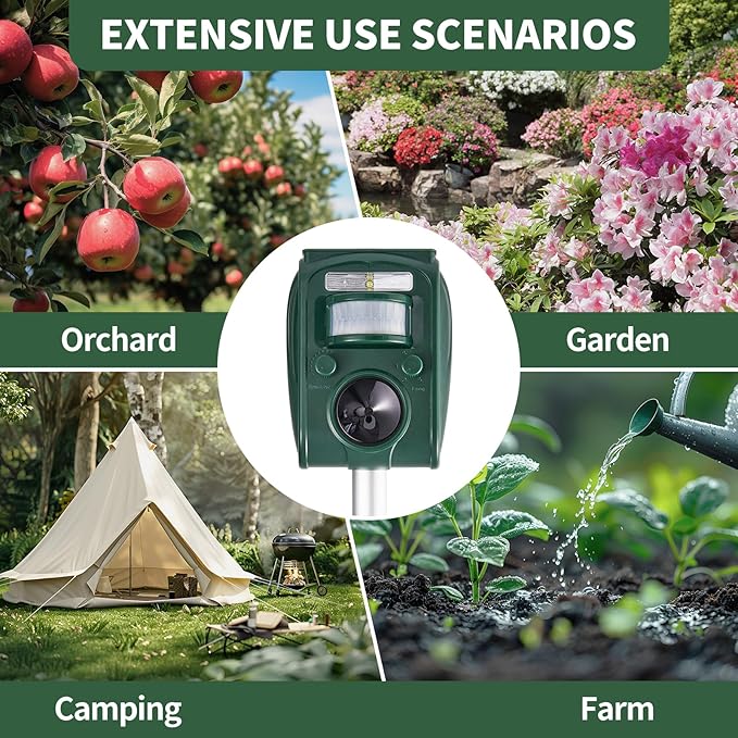 Upgraded Solar Ultrasonic Deer Repellent Devices Motion Detection, Waterproof Cat Repellent Outdoor, Squirrel Raccoon Rabbit Dog Repellent Deterrent with LED Flash Lights for Yard Farm Garden