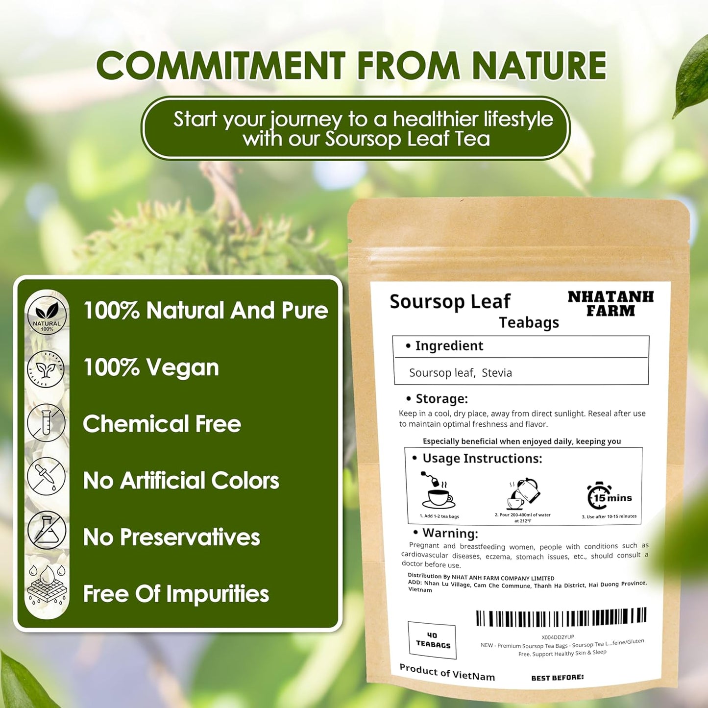 NHAT ANH FARM - Premium Soursop Leaves Tea Bags - Dried Soursop Graviola Leaves 40 Teabags, 2.5g/bag - Sugar/Caffeine/Gluten Free. Support Healthy Skin & Sleep