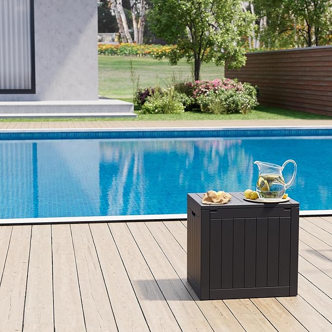 32 Gallon Deck Box Lockable Resin Indoor Outdoor Storage Box waterproof Outdoor Container for Patio Furniture, Pool Accessories, Cushions, Garden Tools, Sports Equipment