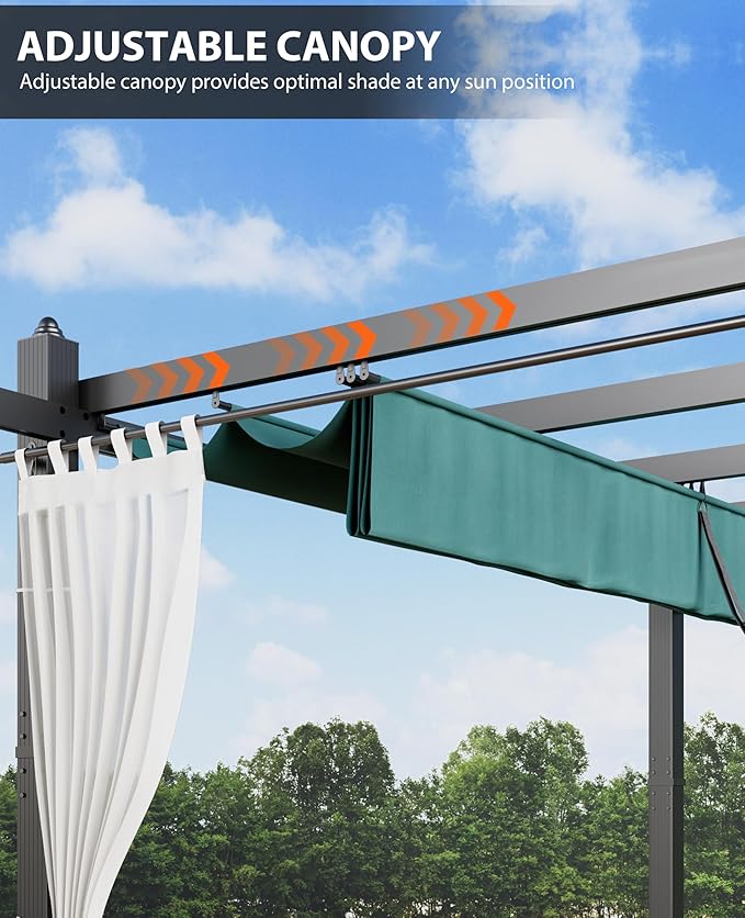 10x10 Ft Outdoor Aluminum Pergola, Upgraded Grey Retractable Pergola with Adjustable Roof & Side Mesh Screen, Modern Metal Patio Gazebo for Deck, Backyard, Porch, Vineyards, Blue + White