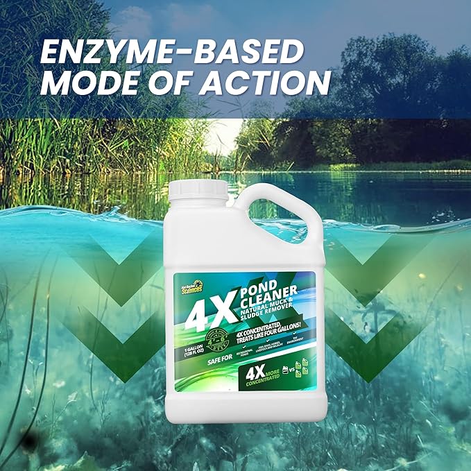 1 Gallon 4X Pond Cleaner - Treats Like 4 Gallons & Covers 4 Acres - Pond Cleaner for Outdoor Ponds, Pond Muck and Sludge Remover for a Clean, Natural Look, Ideal Pond Clarifier for Outdoor Ponds