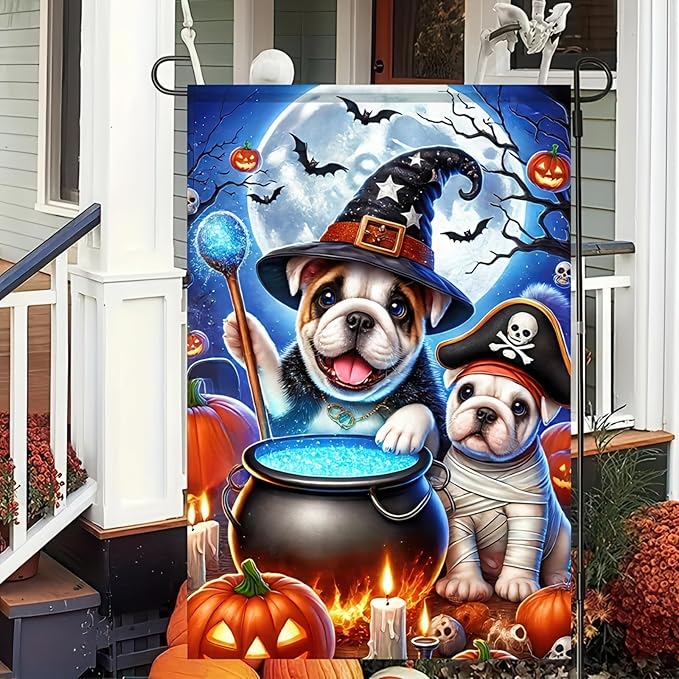 Halloween Garden Flag Double Sided 12x18 Flag Cute Dog Flag Bulldog Halloween Garden Flag Dogs In Wizard And Pirate Costumes Cauldron Pumpkins Full Moon Fun Outdoor Yard Lawn Decoration