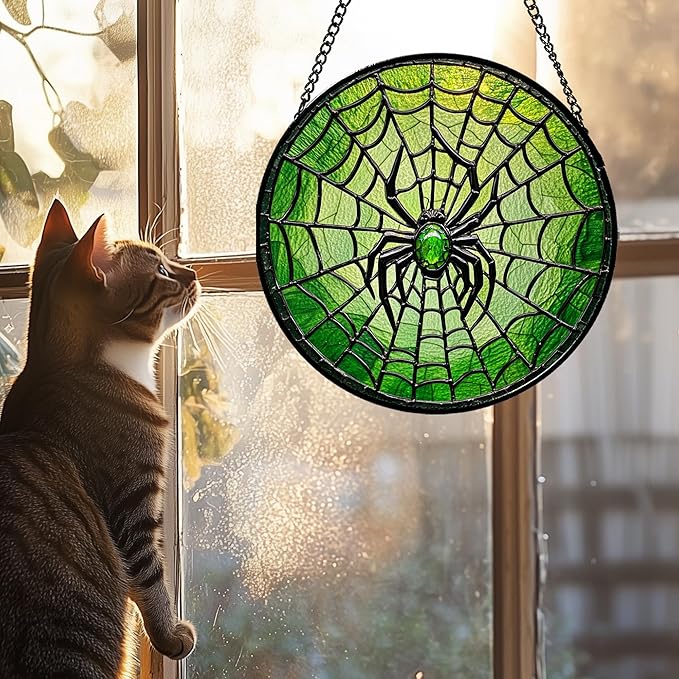 Stained Glass Window Hanging - Black Green Horror Spider Web Suncatcher for Doors Garden Patio Sun Catchers Decor Christmas Halloween Birthday Gifts for Women Men Mom Nana Friend 6.3 in