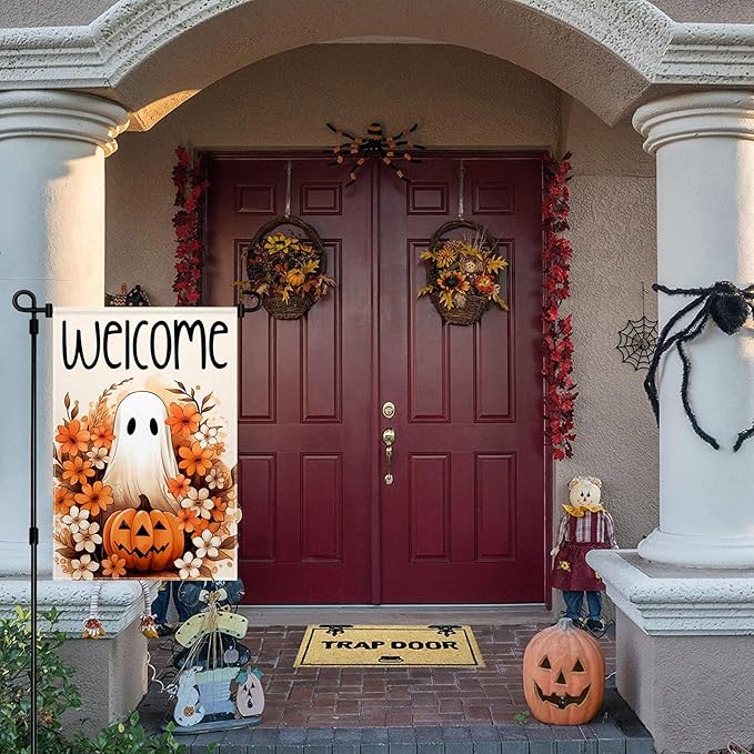ChloropLastid Halloween Ghost Garden Flag 12x18 Inch Spooky Pumpkin Fall Welcome Holiday Outside Decorations Burlap Yard Flag Double Sided