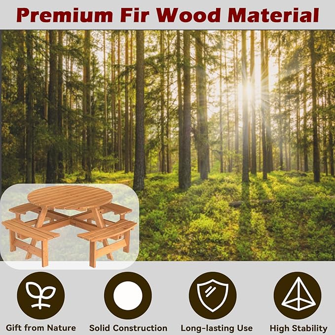 Tangkula 8-Person Wood Picnic Table, Outdoor Round Table and Bench Set with 4 Built-in Benches, Umbrella Hole, Perfect for Outside, Patio, Garden, Backyard, Porch