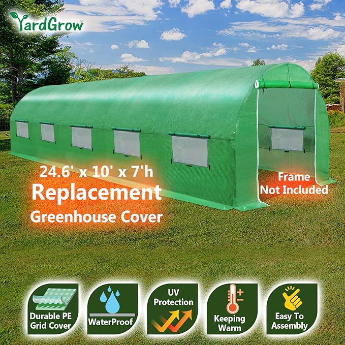 YardGrow Greenhouse Replacement Cover Larger Walk in Outdoor Plant Gardening Greenhouse (Frame Does NOT Included) (Green, 24.6'x10'x7')