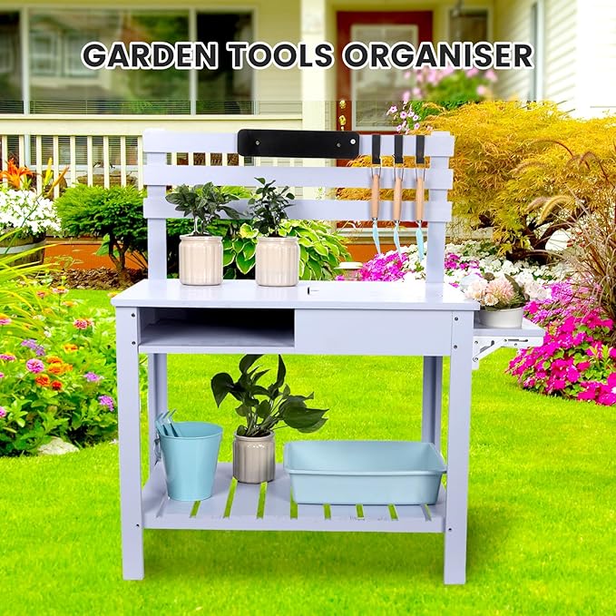 Kids Potting Bench Table Outdoor Garden Table Wooden Work Station Outdoor Garden Work Bench Platform with 3 Side Hook Shelf Natural Wood Blue Gift for Boys Girls
