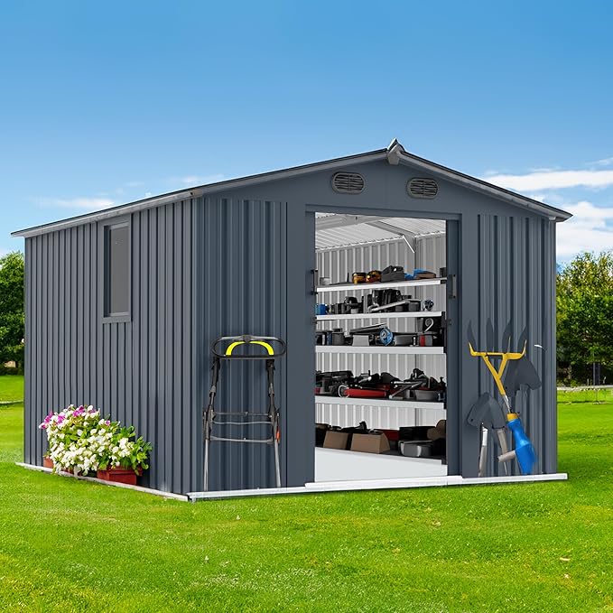 8x10 FT Outdoor Storage Shed, Metal Garden Shed with Window, Outside Tool Sheds with Lockable Sliding Doors, Waterproof Storage Building with 4 Air Vents for Backyard, Patio, Lawn, Dark Gray