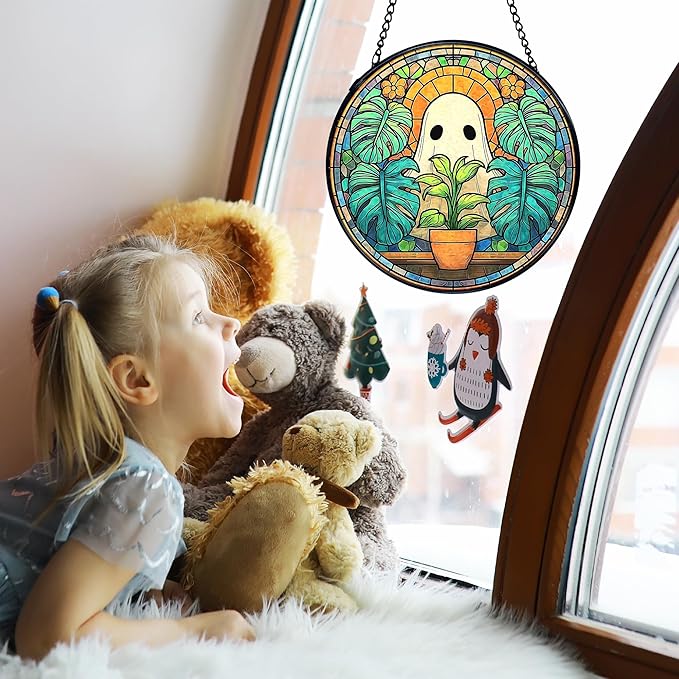 TNUW Ghost Plant Stained Glass Window Hanging, Halloween Ghost Sun Catchers Indoor Window Glass Round Wall Art Decor, Plant Lovers Gifts Wall Hanging Decorations, 7.9＂x7.9＂