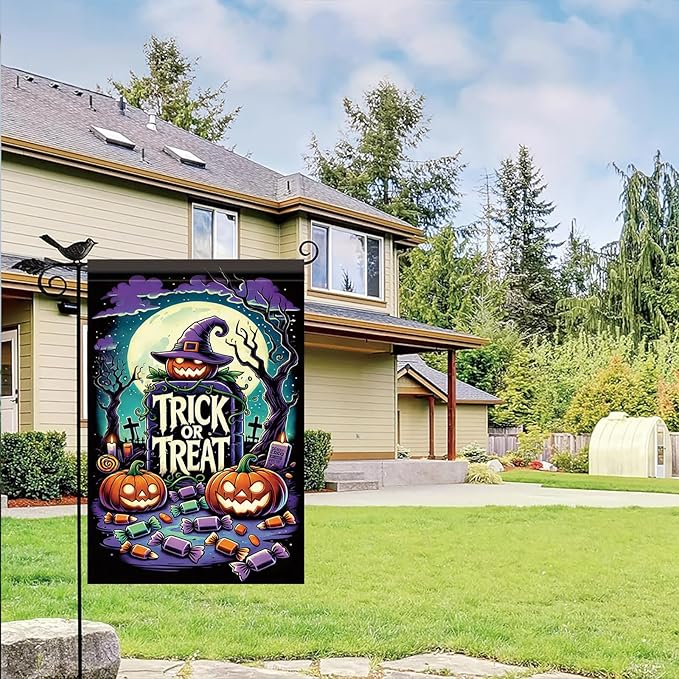 Halloween Garden Flag Pumpkin Witch Hat Trick or Treat Flag 12x18 Inch Double Sided Outdoor Yard Banner for Halloween Haunted House Spooky Decoration Decor
