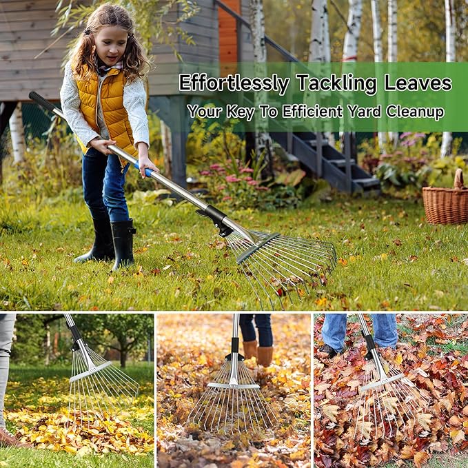 SAN LIKE 68" Metal Rake With Adjustable Handle for Leaves, Thatch, and Lawns - Heavy Duty Leaf Collector for Garden and Yard