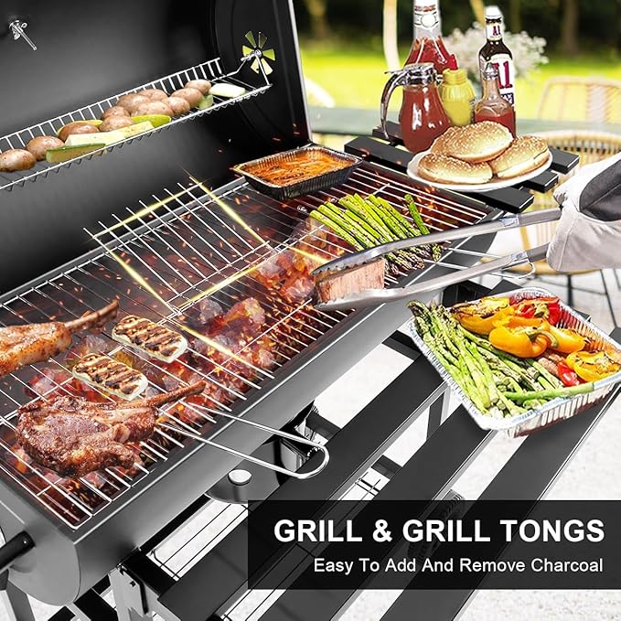 Charcoal Grill with Temperature Gauge - Large Outdoor Barrel Barbecue Grill with Side Table, 565 sq in Cooking Space for 8-12 People, Ideal for Camping and Backyard BBQ