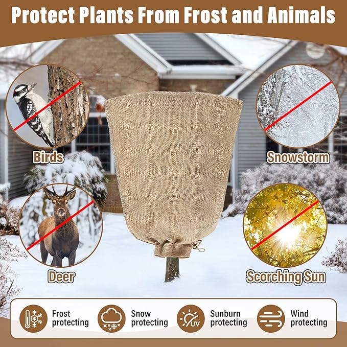 Riare 2 Packs 40 × 47 Inch Burlap Winter Plant Cover Bags with Drawstring- Reusable Large Burlap Sack Plant Frost Protector, Plant Frost Cloth Cold Tree Freeze Blanket for Outdoor Plants Shrubs Fruit