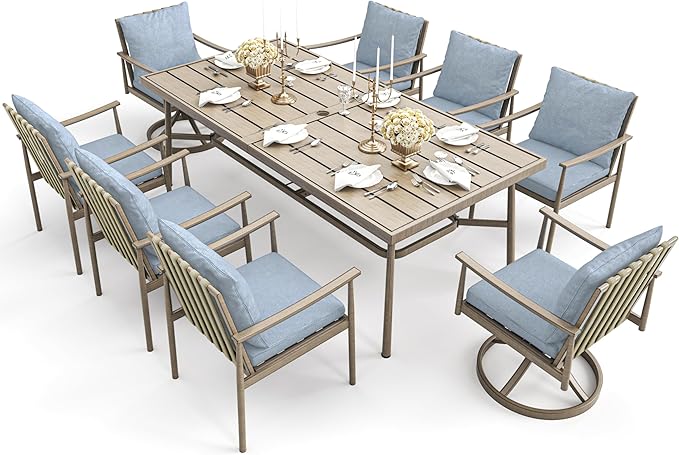 HAPPATIO 9-Piece Patio Table and Chairs Set for 8, Aluminum Outdoor Dining Set with Cushions, 6 Dining Chairs and 2 Swivel Chairs, 1 Large Rectangular Table with Umbrella Hole, Brown