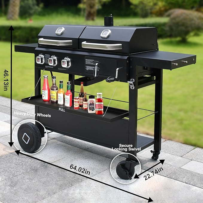 Brand-Man Propane Gas and Charcoal Grill Combo,Grill and Griddle Combo Dual Fuel BBQ Grill with Dual Lids for Outdoor Barbecue, Black