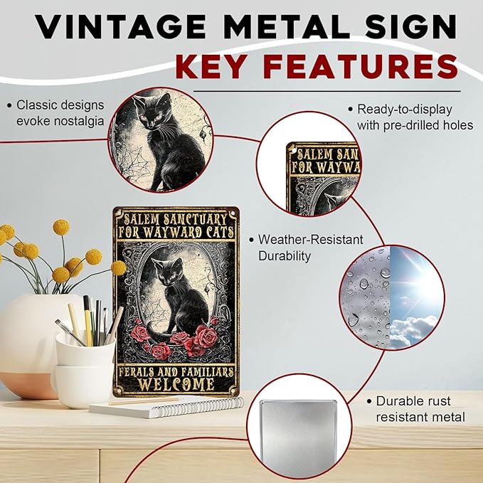 Halloween Black Cat Vintage Sign Salem Sanctuary For Wayward Cats Halloween Metal Sign for Home Bar Kitchen Hotel Dining Room Coffee 8x12inch