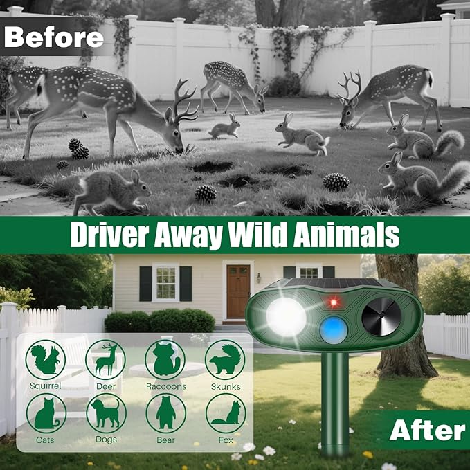 Ultrasonic Animal Repellent Outdoor Deer Repellent Devices,4Pack Solar Rabbit Cat Squirrel Repeller Motion Detection Armadillos Raccoon Squirrel Dog Repellent Deterrent with LED Flash Lights for Yard