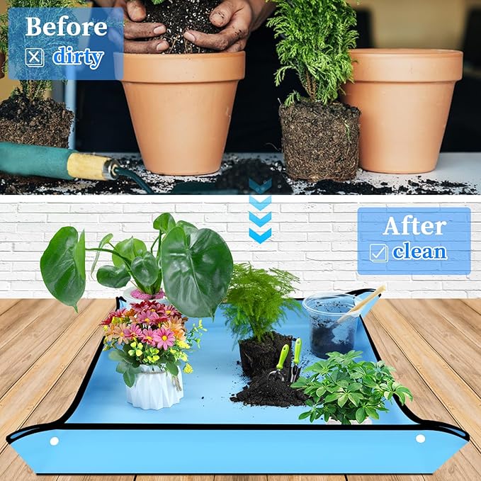 SupKing Repotting Mat 29.5"x 29.5" for Indoor Plant Transplanting Large Blue Garden Mat Gift for Plant Lovers Oxford Fabric Portable Potting Tray for Gardening Mess Control