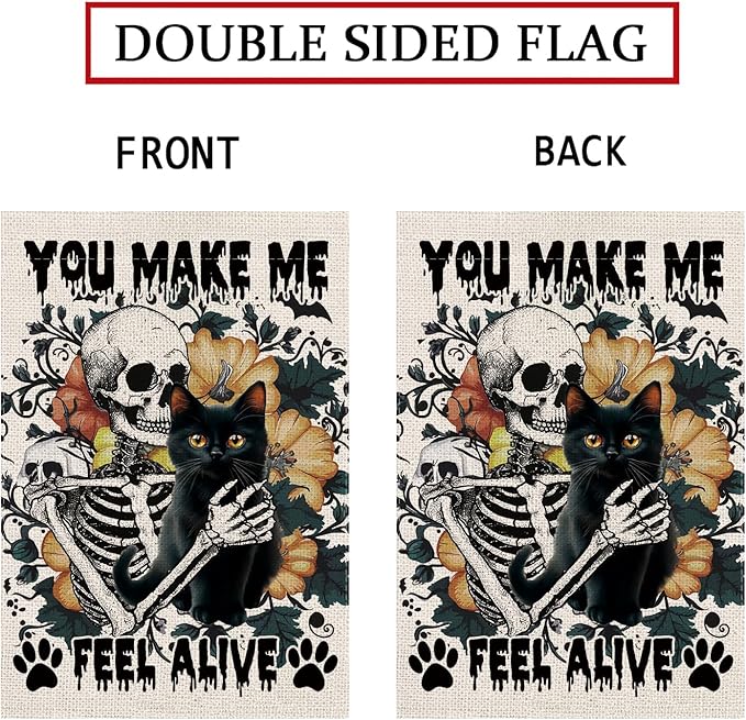 Halloween Garden Flag Skeleton and His Black Cat Vertical Double Sided Flags for Holiday Farmhouse Patio Yard Outdoor Party Decor Decorations Gifts - 12.5 x 18 Inch