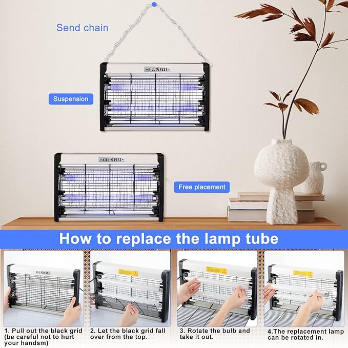 2 Pcs Electric Bug Zapper Indoor Insect Killer with Replacements Bulbs 20W Blue Light Powerful 2800V Attract Fly and Mosquito Traps with Circuit No Load Protection Outdoor Plug in Pest Control