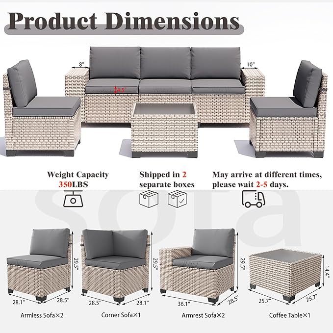6 Pieces Patio Furniture Set, Outdoor Sectional Wicker Sofa with Thickened Cushions and Coffee Table, High Back Rattan Patio Conversation Sets for Garden Backyard, Grey