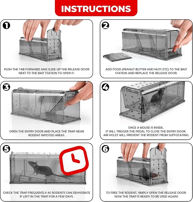 Humane Mouse Trap Pack of 4 - No Kill - Live Mouse Traps Indoor for Home Use - Reusable Rodent Traps for House Indoor, Safe & Effective Rat Trap Outdoor - Humane Mice Control with Cleaning Brush