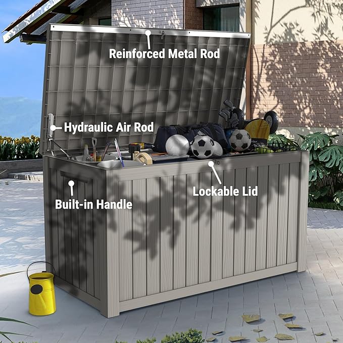 Mars Villa 180 Gallon Outdoor Storage Box, Large Waterproof Resin Deck Box for Patio Furniture Cushions, Pool Supplies, Gardening Tools, Lockable Storage Container, Weatherproof and UV Resistant, Grey