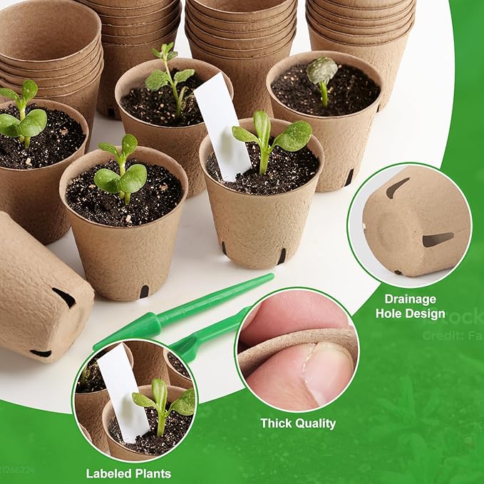 130 Pcs 3.15 Inch Peat Pots,Seed Starting Pots with Drainage Holes Round Plant Seedling Pot,Garden Germination Nursery Pot wit 30 Plant Labels, 2 Transplant Tools.
