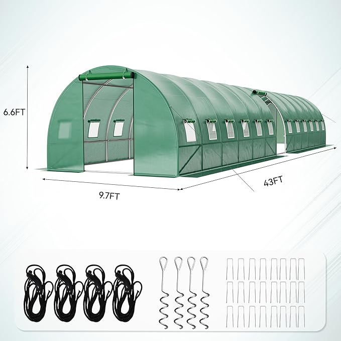 YITAHOME 44x10x7ft Greenhouse Extra Large Heavy Duty 4 Zipper Doors Outdoor Greenhouses 24 Windows Walk in Tunnel Green House Plant Gardening Upgraded Galvanized Steel Frame for Garden, Green